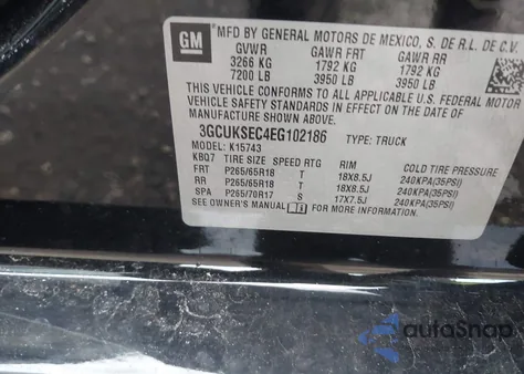 2014 Chevrolet Silverado 1500 2Lz z USA, uszkodzony, nr VIN 3GCUKSEC4EG102186